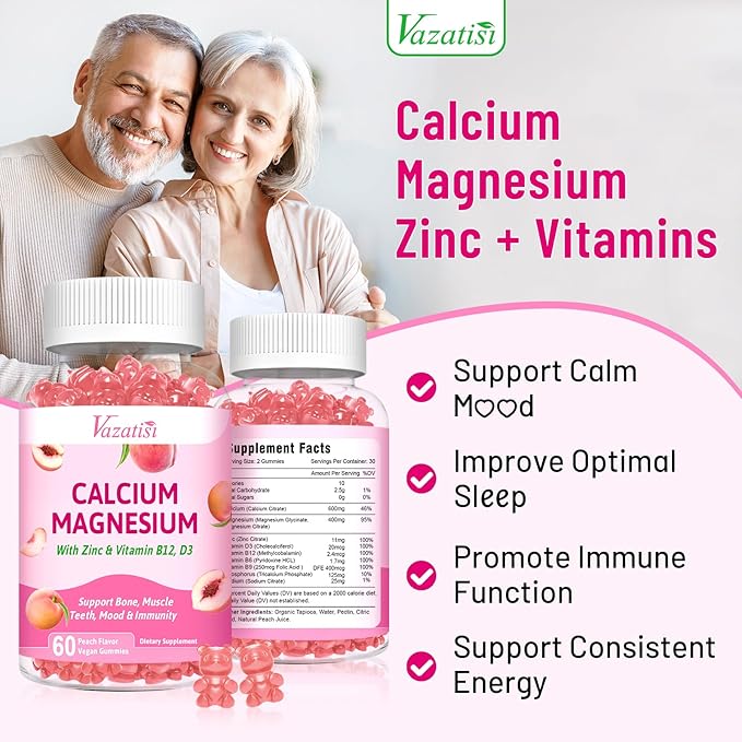 2 Pack Calcium Magnesium Zinc Gummies D3 & B12, Sugar