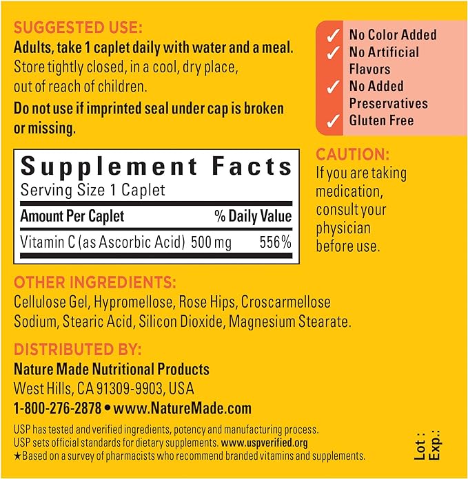 Nature Made Vitamin C 500 mg 130 Caplets, 130 Day