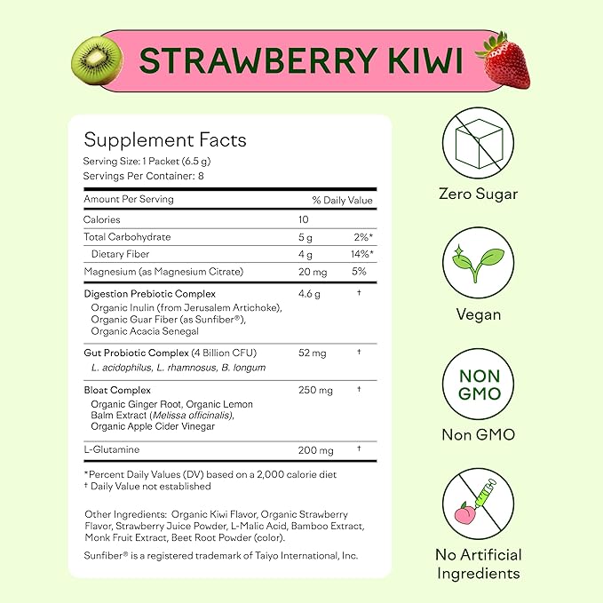Feel Goods Gut Guardian, Prebiotic & Probiotic Powder, Organic Fiber, Sugar Free, Herbs for Bloat, Gut Health Support, Digestive Health for Men & Women, Non GMO, Vegan | Strawberry Kiwi, 8 Count