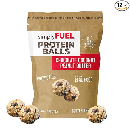 simplyFUEL Whole Food Protein Balls with Probiotics - Chocolate Coconut Peanut Butter Snacks - 8g Protein Snack - Gluten Free Energy Balls (1 Pack of 12 Balls)