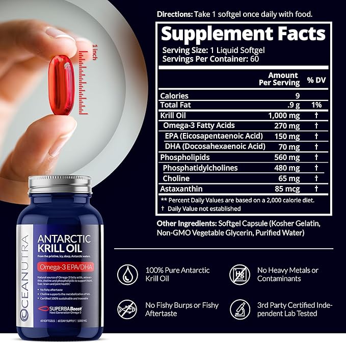 100% Pure Krill Oil 1000MG 60-Day 56% Phospholipids 3 EPA