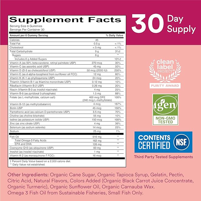 SmartyPants Women's Multivitamin Gummies: Omega 3 CoQ10, Vitamin D3, C, B12, B6, B6, Vitamin 180 Count (30 Day