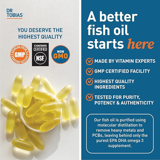 Dr. Tobias Omega 3 Fish Oil, 2000mg Triple 3 Supplement 800mg EPA 600mg DHA 3 Supplements 90 Softgels, 45 Servings