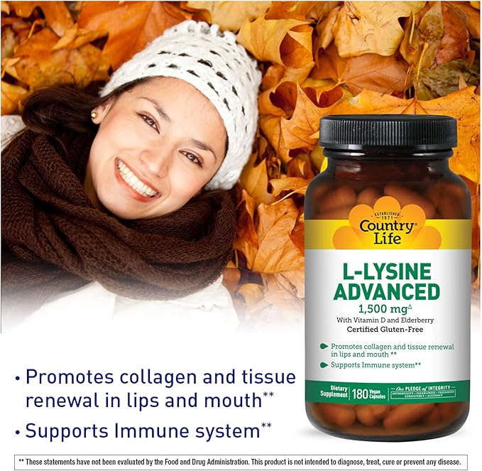 Country Life Vitamins L-Lysine Advanced, Elderberry,1500mg, 180 180 Vegan