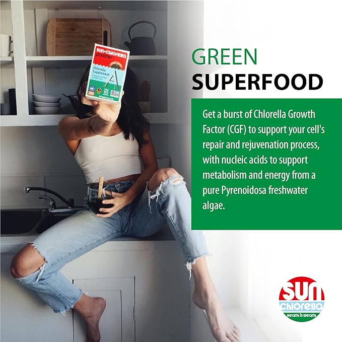 Sun Chlorella Powder Green Algae Superfood Supplement Supports Whole Body Wellness Immune Defense, Gut Health & Natural Energy Boost - Chlorophyll, B12, Protein, Non-GMO - 30 Packets