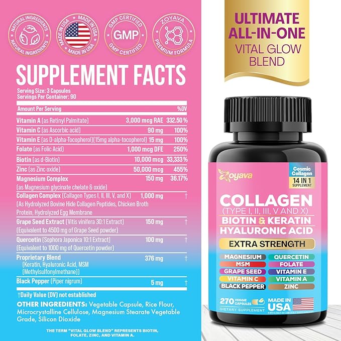 Zoyava Collagen Pills Peptides Types I, (270 Caps)
