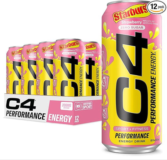 Cellucor C4 Performance Energy Drink | STARBURST Strawberry | Zero Sugar Carbonated Preworkout Energy | 200mg Caffeine with Beta Alanine | 16 Fl Oz (12 Pack)