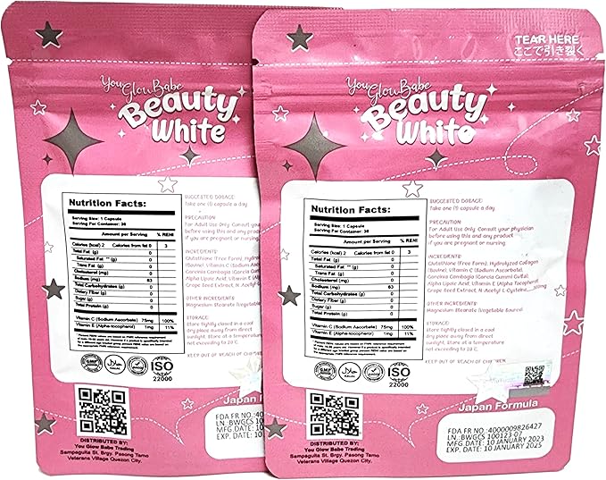 Beauty White 4 in 1 Glutathione 15gram Each 2) 30 30 x 2-60 Capsules