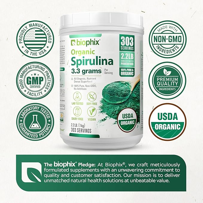 biophix Organic Spirulina Powder, 2.2 Lbs 100% Pure Spirulina Blue Green Algae Powder, Vegan, Non GMO, Non-Irradiated, USDA Certified, Best Protein Superfood