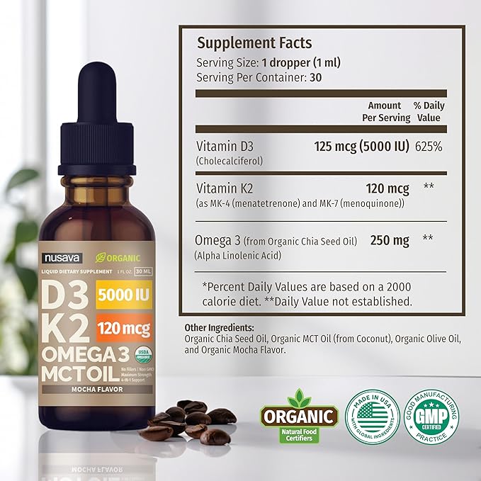 (2 Pack) Organic Vitamin D3 K2 Drops with MCT Oil Omega 3, 5000 IU, Maximum Strength Vitamin D Liquid, No Fillers, Non-GMO Liquid D3 for Faster Absorption and Immune Support (Mocha, 2 Fl Oz)