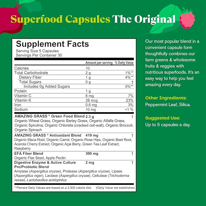 Amazing Grass Greens Superfood Powder: Greens Powder with Digestive Enzymes & Probiotics, Organic Spirulina, Chlorella, and Beet Root Powder, Original, 150 Count
