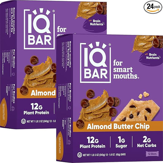 IQBAR Brain and Body Plant Protein Bars - Almond Butter Chip - 24-Count Low Carb - Gluten Free, High Fiber, Vegan Snacks - Low Sugar Meal Replacement