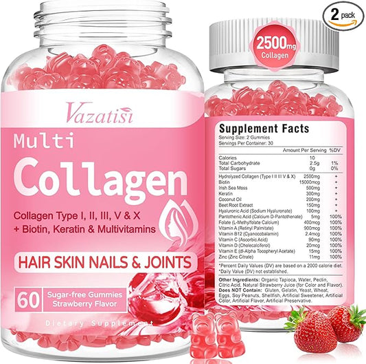 2 Pack Sugar Free Collagen Gummies 2500mg with 60 Strawberry