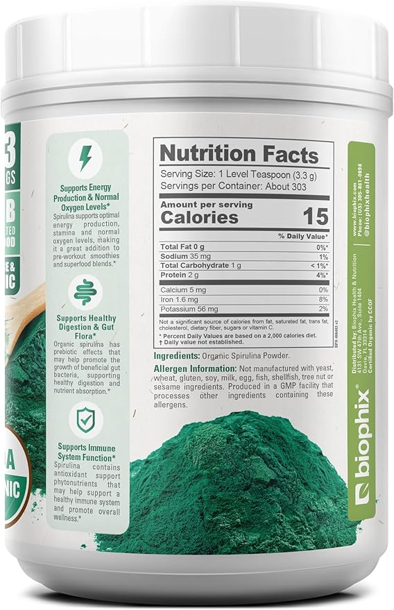 biophix Organic Spirulina Powder, 2.2 Lbs 100% Pure Spirulina Blue Green Algae Powder, Vegan, Non GMO, Non-Irradiated, USDA Certified, Best Protein Superfood