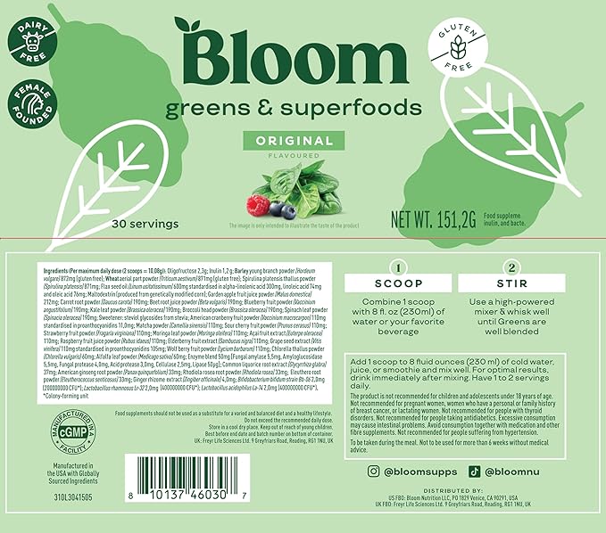 Bloom Nutrition Superfood Greens Powder, Digestive 30 SVG,