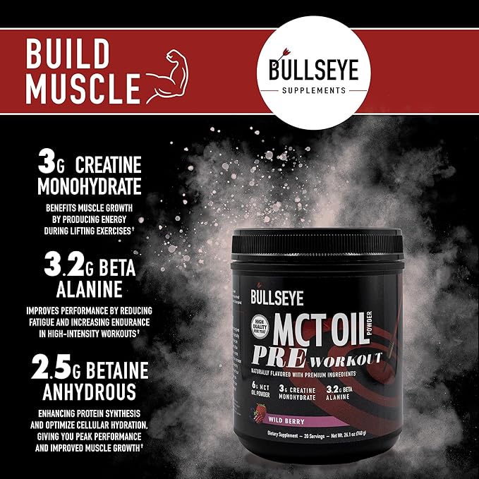 Bullseye MCT Oil Pre Workout Supplement - Creatine Monohydrate, Medium Chain Triglycerides, Beta Alanine, Caffeine, L-Citrulline, Muscle Gainer, Focus, Endurance, Energy -20 Servings - Wild Berry