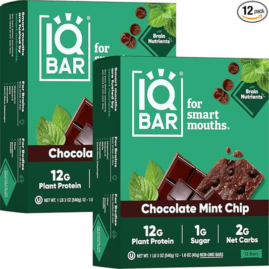 IQBAR Brain and Body Plant Protein Bars - Chocolate Mint Chip - 24-Count Low Carb - Gluten Free, High Fiber, Vegan Snacks - Low Sugar Meal Replacement