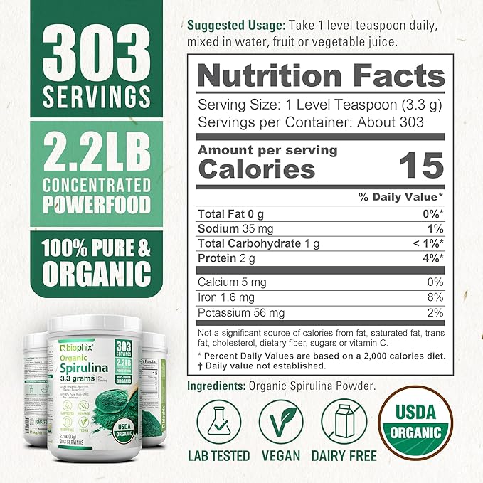 biophix Organic Spirulina Powder, 2.2 Lbs 100% Pure Spirulina Blue Green Algae Powder, Vegan, Non GMO, Non-Irradiated, USDA Certified, Best Protein Superfood