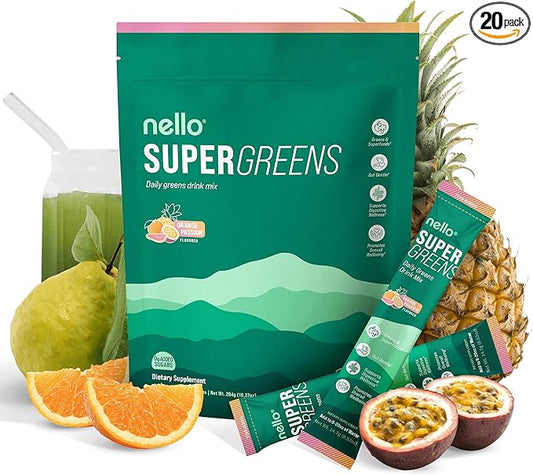 Nello Supergreens Premium Superfood Greens Drink Mix w/Chlorella, Moringa, Spinach & Broccoli + Digestive Enzymes & Probiotic Blend -Nutrient-Packed Powder Wellness (Orange 20 SRV, Travel Pack)