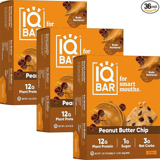 IQBAR Brain and Body Plant Protein Bars - Peanut Butter Chip - 36-Count Low Carb - Gluten Free, High Fiber, Vegan Snacks - Low Sugar Meal Replacement