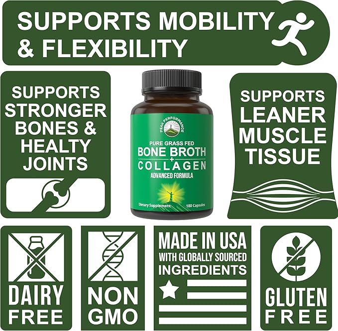 Bone Broth Collagen Capsules. 180 Pills of Grass Fed Bone Broth Collagen Protein Peptides. Contains All 3 Types 1, 2, and 3. Pure Pasture Raised Paleo Friendly Tablets for Women and Men