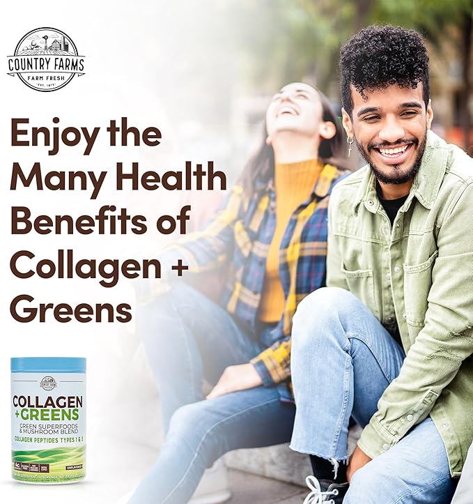 COUNTRY FARMS Collagen Peptides Powder with Greens Dietary Powder Supplement (Type I, III) for Skin Hair Nail and Joints, Dairy/Gluten/Sugar Free, Energizing Superfoods, 21.2 Oz, 60 Servings