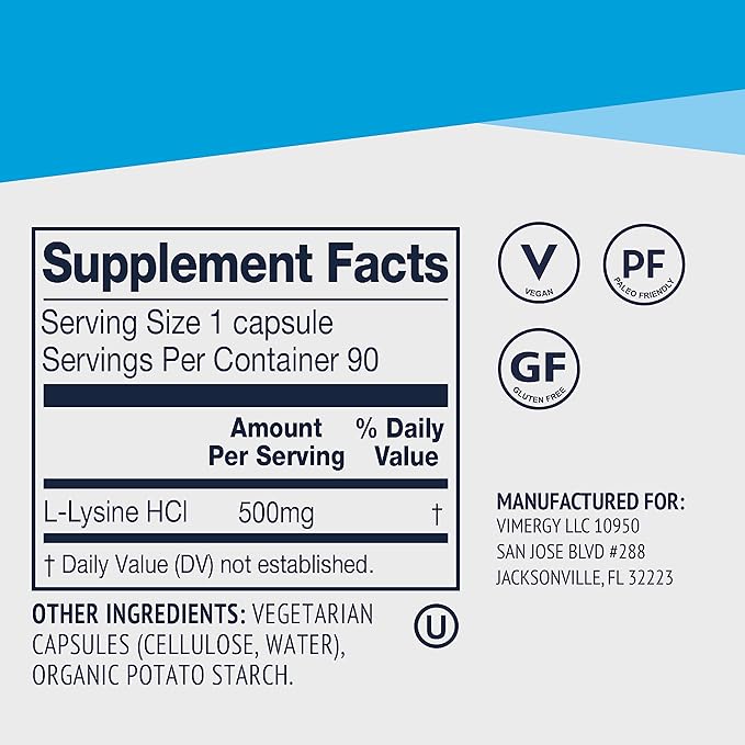 Vimergy L-Lysine 500MG Capsules, 270 Servings (270 Count)