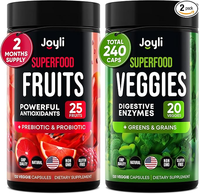Fruits and Veggies Supplement - High Fiber Supplement for Immunity, Gut & Energy - Super Reds & Super Greens Supplements with Marshmallow Root - 240 Reds and Super Greens Powder Superfood Capsules