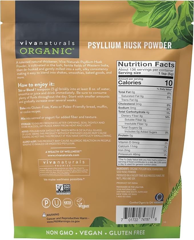 Viva Naturals Organic Psyllium Husk Powder, 24 oz