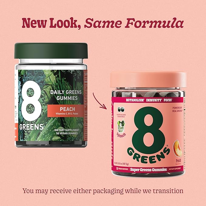 8Greens Supergreens Gummies | Super Greens Powder Superfood Gummy for Metabolism, Immunity & Focus, Digestive Health Enzymes, Organic: Chlorella, Spirulina, Aloe Vera, Peach Flavor, 150 Count