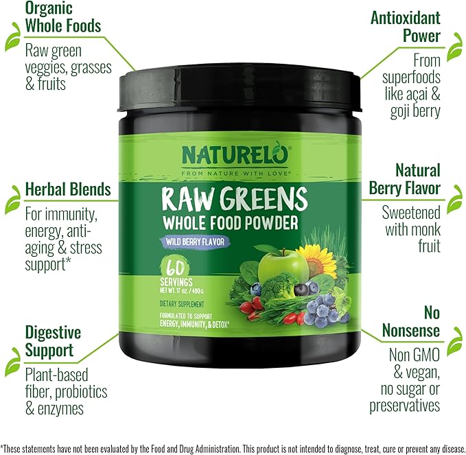 NATURELO Raw Greens Superfood Powder 480 Grams