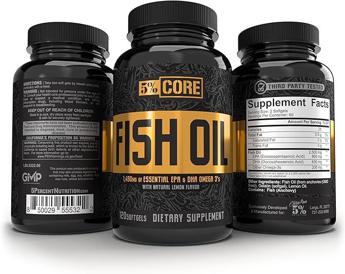 5% Nutrition Core Fish Oil Supplement 2,500 mg 3 Fatty (60 Servings 120 Softgels)