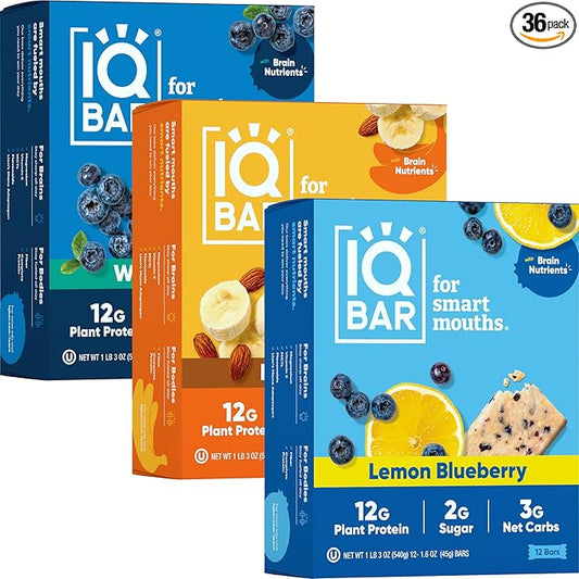 IQBAR Brain and Body Plant Protein Bars - Fruit Lovers Variety - 36-Count Low Carb - Gluten Free, High Fiber, Vegan Snacks - Low Sugar Meal Replacement