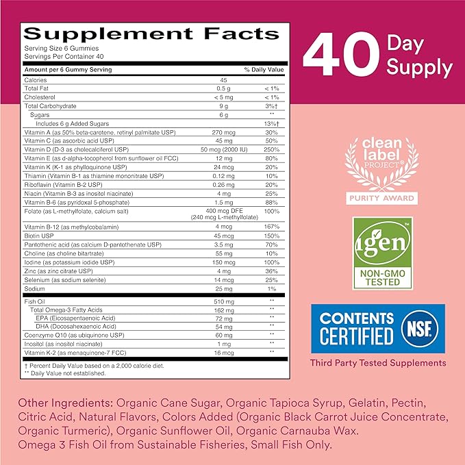 SmartyPants Women's Multivitamin Gummies: Omega 3 CoQ10, Vitamin D3, C, B12, B6, B6, Vitamin 240 Count (40 Day