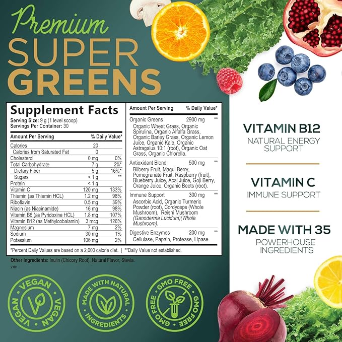 Greens Superfood Powder Drink Mix - Green Whole Food Blend for Energy & Gut Health with Organic Wheat Grass, Spirulina, Chlorella, Digestive Enzymes Antioxidant & Probiotics, Berry Flavor, 30 Servings