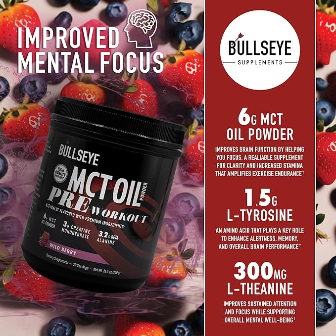 Bullseye MCT Oil Pre Workout Supplement - Creatine Monohydrate, Medium Chain Triglycerides, Beta Alanine, Caffeine, L-Citrulline, Muscle Gainer, Focus, Endurance, Energy -20 Servings - Wild Berry