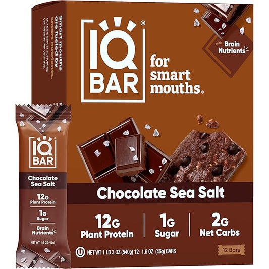 IQBAR Brain and Body Plant Protein Bars - Chocolate Sea Salt - 12-Count Low Carb - Gluten Free, High Fiber, Vegan Snacks - Low Sugar Meal Replacement