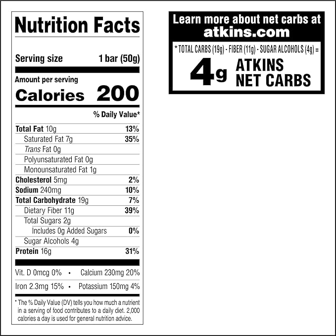 Atkins Creamy Cookie Crunch Meal Bars, 16g Protein, 11g Fiber, 2g Sugar, 4g Net Carbs, Low Carb, 12 Count