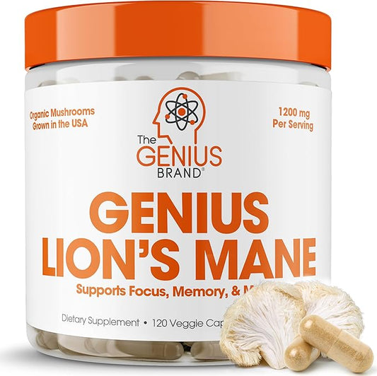 Genius Lion’s Mane Supplement Capsules – Organic Full Spectrum Mushrooms for Cognition, Focus & Memory – 1,200mg Per Serving, 120 Count (60 Servings) – Grown in The USA