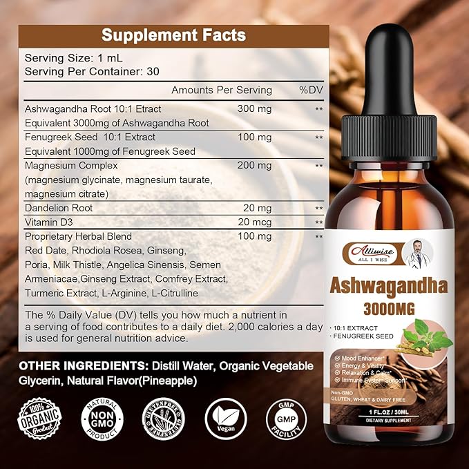 2 Pack Ashwagandha Supplement Liquid Drops 3000mg with VitaminD3,Fenugreek Seeds，Magnesium