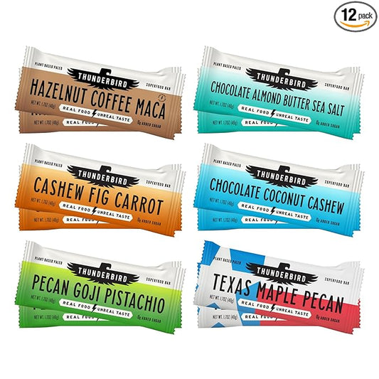 Thunderbird Bars Energy Snack, Gluten-Free with Protein, Healthy Real Food, Vegan Paleo Non-GMO, No Added Sugar, Variety Flavor Pack (12 Count, 2 of Each Flavor, 1.7 oz. Bars)