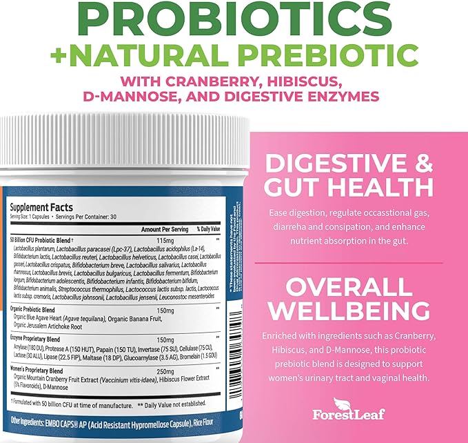 ForestLeaf Womens Probiotic 50 Billion CFU with Organic Prebiotics, Digestive Enzymes, Cranberry, D-Mannose - Prebiotics Probiotics for Women Digestive Health & Vaginal Probiotics Support, 30 Capsules