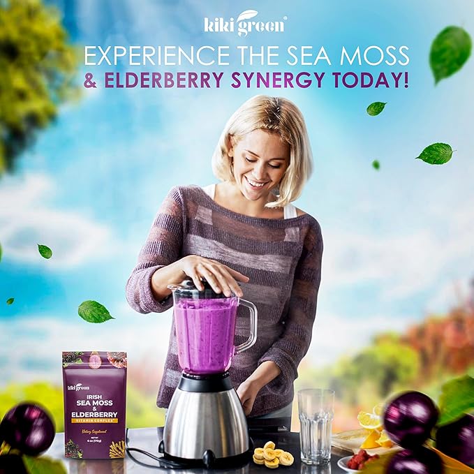KIKI Green Sea Moss Powder with Elderberry - Vegan Superfood Multivitamin Blend - for Immune Boost and Support - Add to Smoothies, Juice, 6 oz