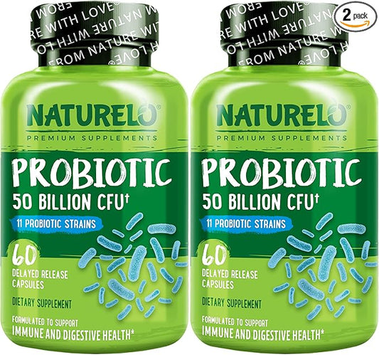 NATURELO Probiotics for Digestive Health 50 Billion 11 Strains, 60 Vegetarian (2 Pack)