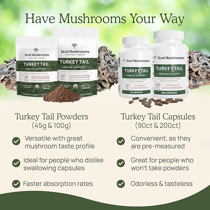 Real Turkey Tail Powder - Organic Mushroom Supplement with Potent Extract for Gut, Energy, Brain, Immune Support Vegan, Non-GMO, 45 Servings