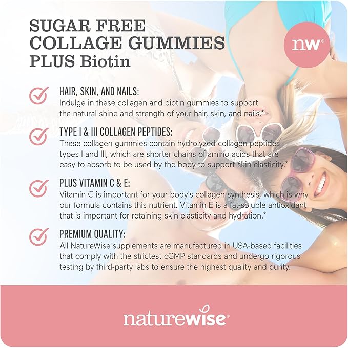 NatureWise Sugar-Free Hydrolyzed Collagen Peptide Gummies 60 Gummies[1-Month Gummies[1-Month Supply]