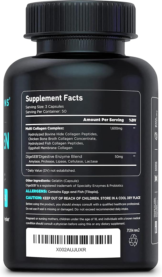 Vital Vitamins Multi Collagen Peptides (2-Pack) - for Women & Men - Hydrolyzed Types I, II, III, V, X - Grass-Fed, Non-GMO - 300 Capsules