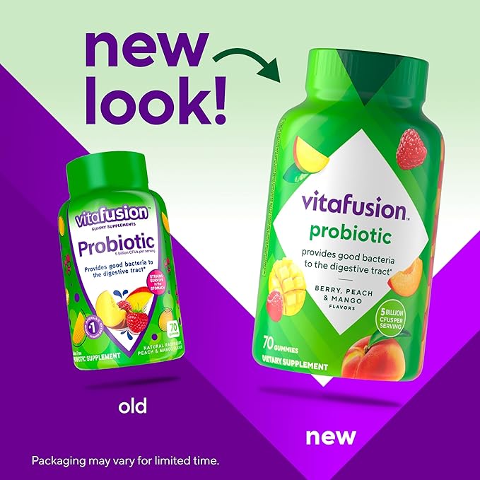Vitafusion Probiotic Gummy Supplements, Raspberry, Peach and Mango Flavors, Probiotic Nutritional Supplements with 5 Billion CFUs, America’s Number 1 Gummy Vitamin Brand, 35 Day Supply, 70 Count