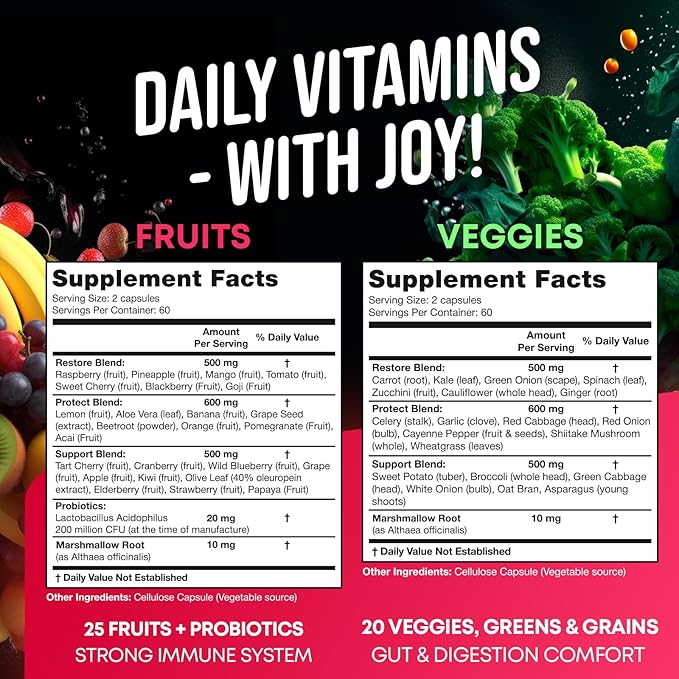Fruits and Veggies Supplement - High Fiber Supplement for Immunity, Gut & Energy - Super Reds & Super Greens Supplements with Marshmallow Root - 240 Reds and Super Greens Powder Superfood Capsules