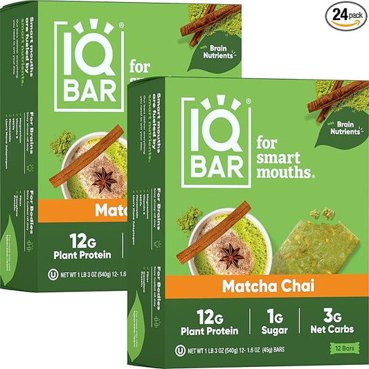 IQBAR Brain and Body Plant Protein Bars - Matcha Chai - 24-Count Low Carb - Gluten Free, High Fiber, Vegan Snacks - Low Sugar Meal Replacement